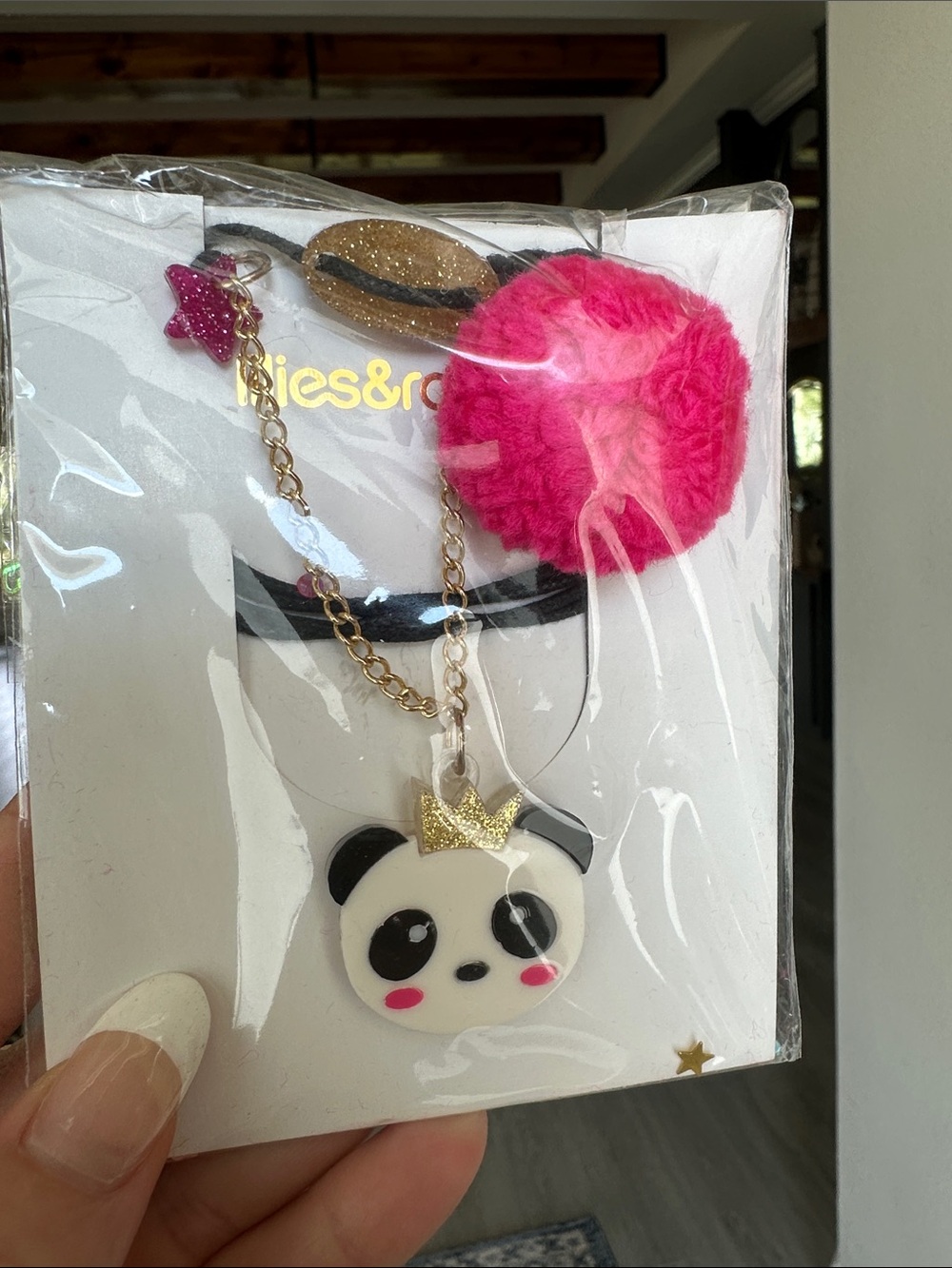 Girls Pink Panda Necklace with Gold Crown Charm